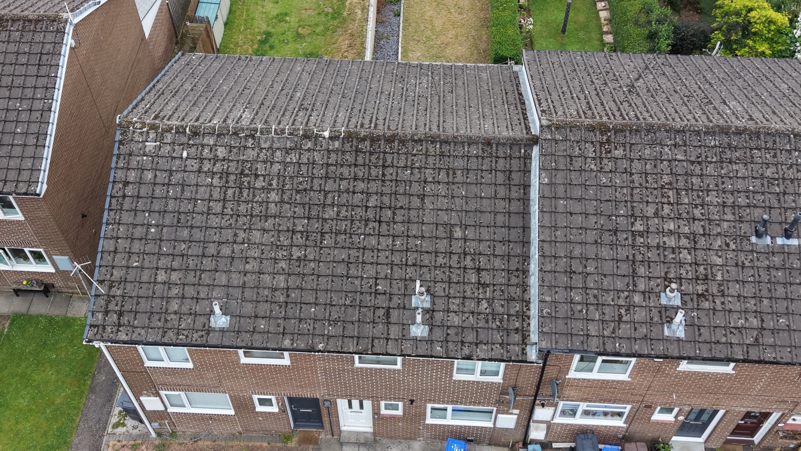 Angled drone shot of a terrace roof from above