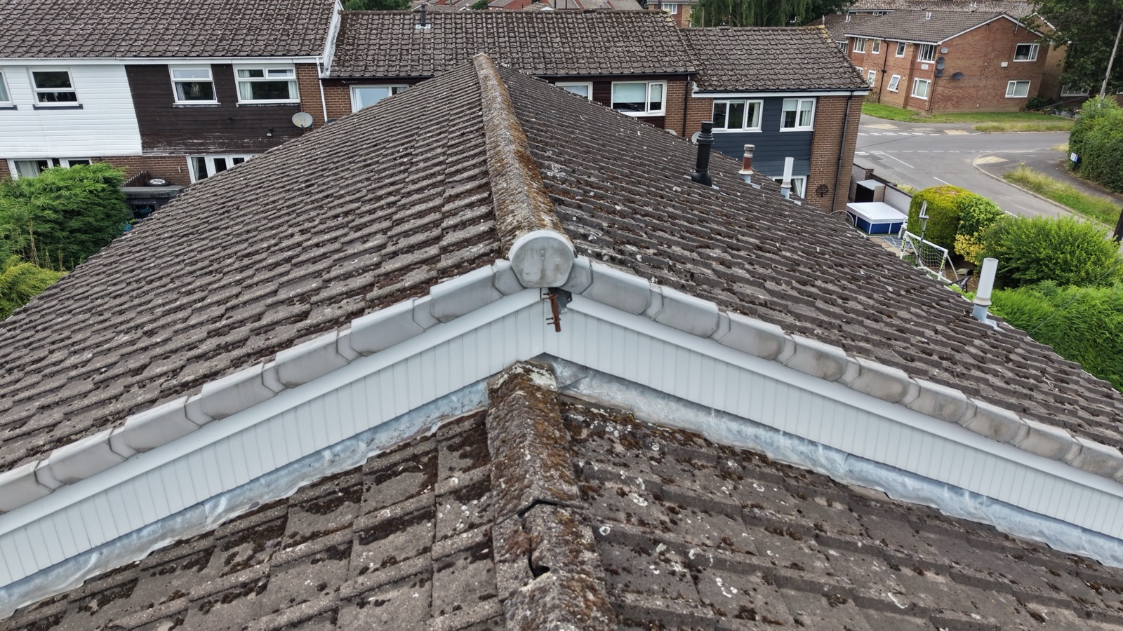 Drone view of a roof valley junction and lead work
